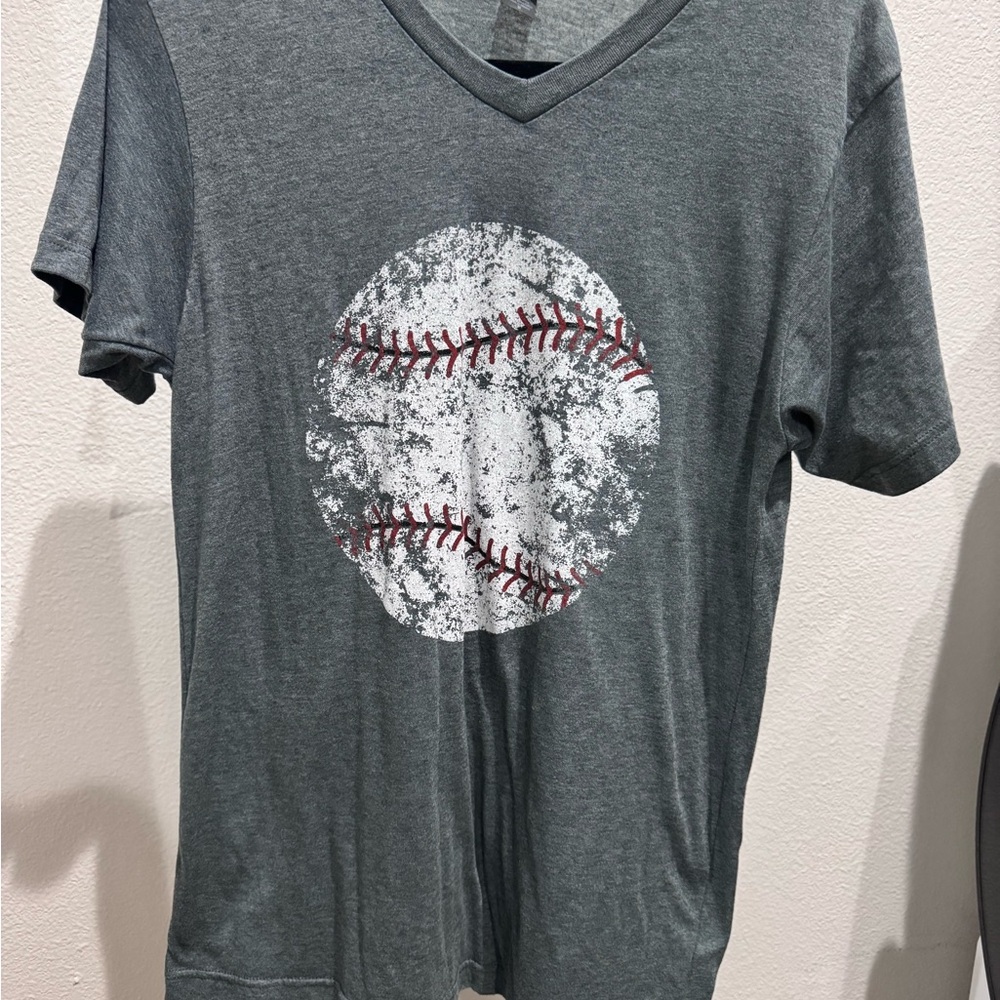 Gray V-Neck T-Shirt with Distressed Baseball Graphic